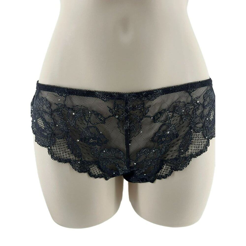 Vintage Victoria's Secret Black Lace Rhinestone Bikini Panty Medium